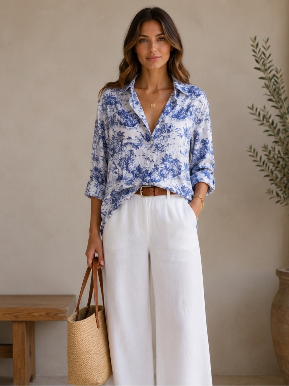 Joie 100% Linen Tropical Toile Print Button Front Blouse Coastal Blue Large